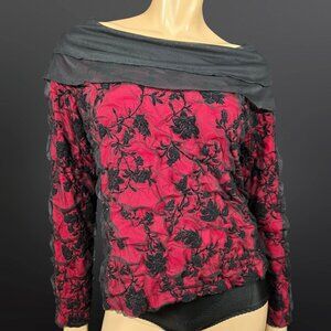 Vintage Red Black Flocked Velvet Mesh Gothic Fairy Top Size XL Vampy Whimsigoth